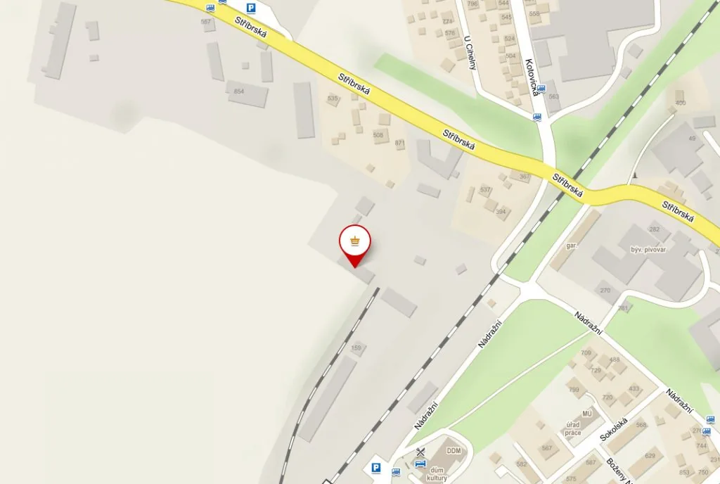 Mapa s vyznačenou polohou Stodské pily v Nádražní ulici ve Stodu
